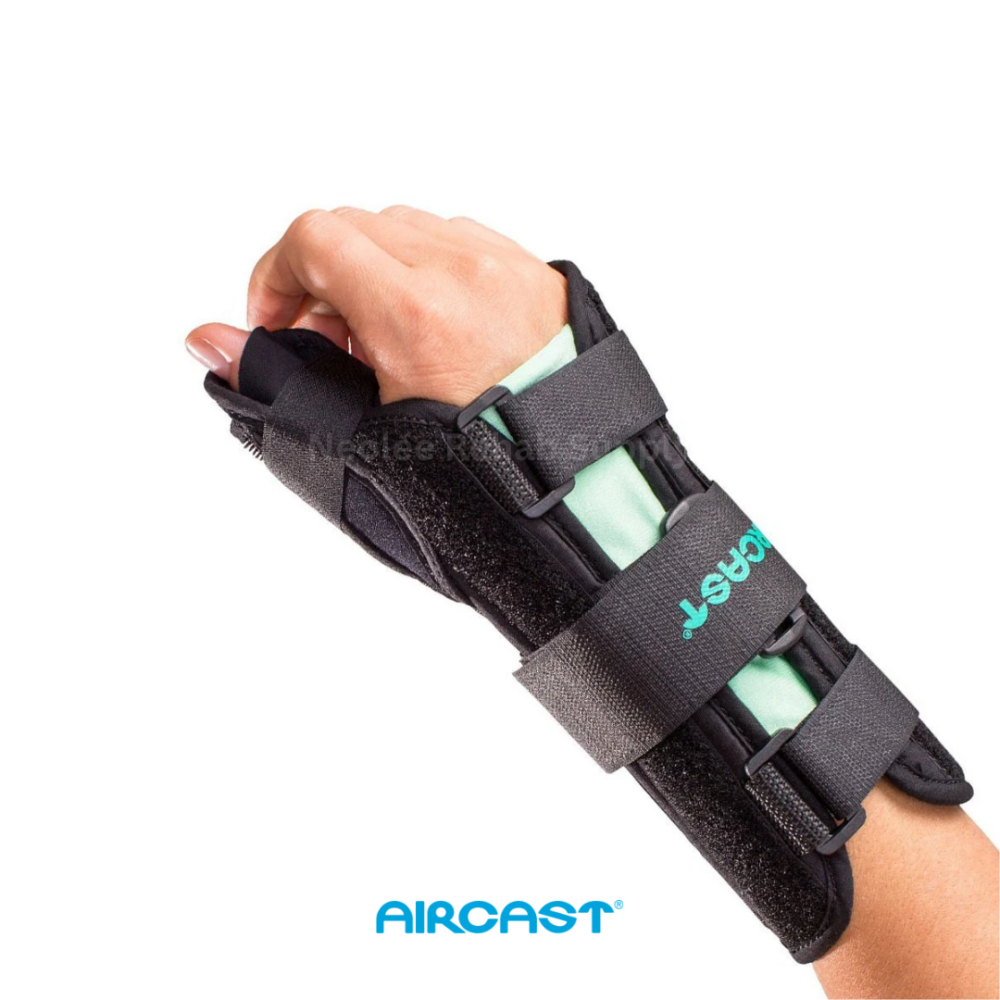 Aircast A2 wrist brace with thumb spica providing support for wrist injuries and thumb stabilization