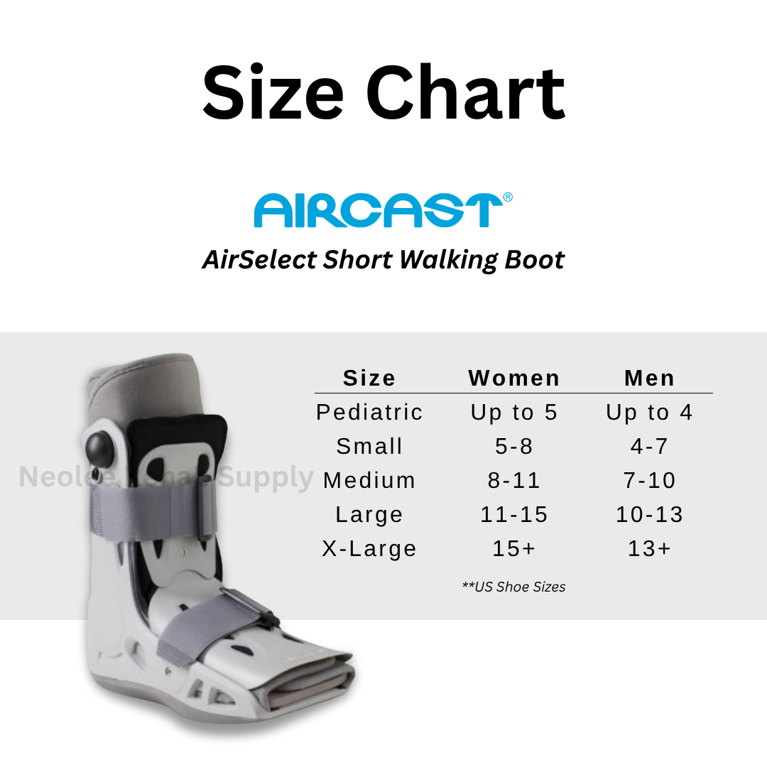 Aircast AirSelect short walker boot size chart - provides adjustable support, comfort, and protection for foot and ankle injuries during recovery.