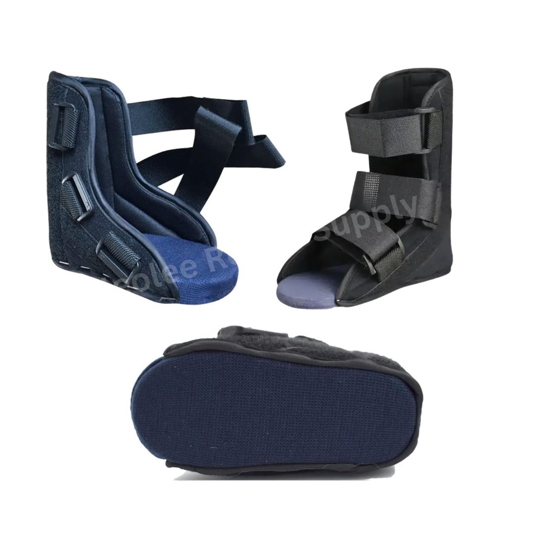 Front, side, and bottom views of the Child AFO Splint footdrop ankle brace with supportive sole and pediatric orthopedic design.