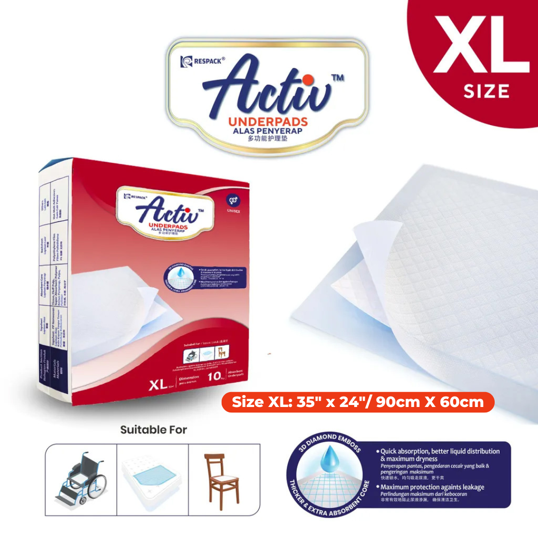 Activ XL underpads with absorbent leak protection for beds, chairs, and daily incontinence care