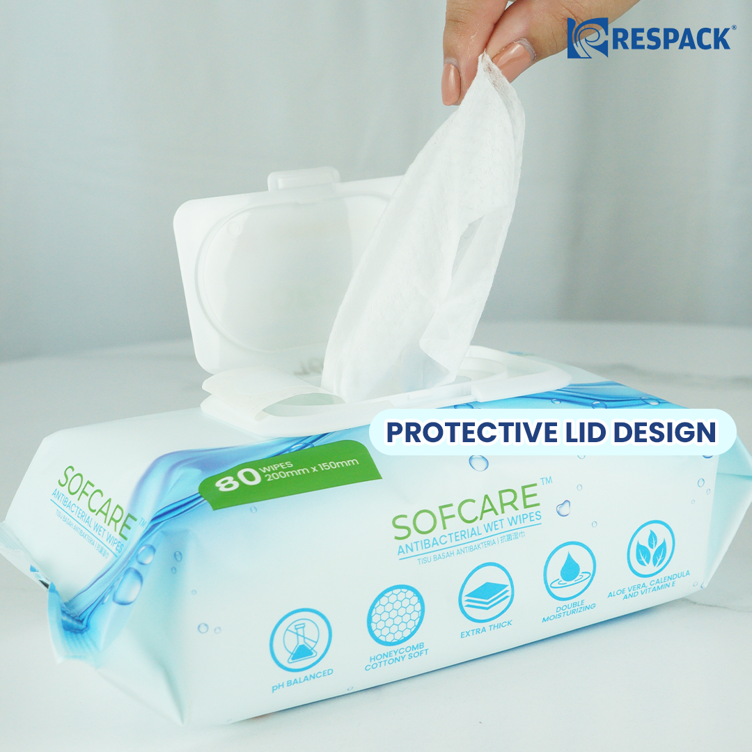 SOFCARE antibacterial wipes being pulled from the package