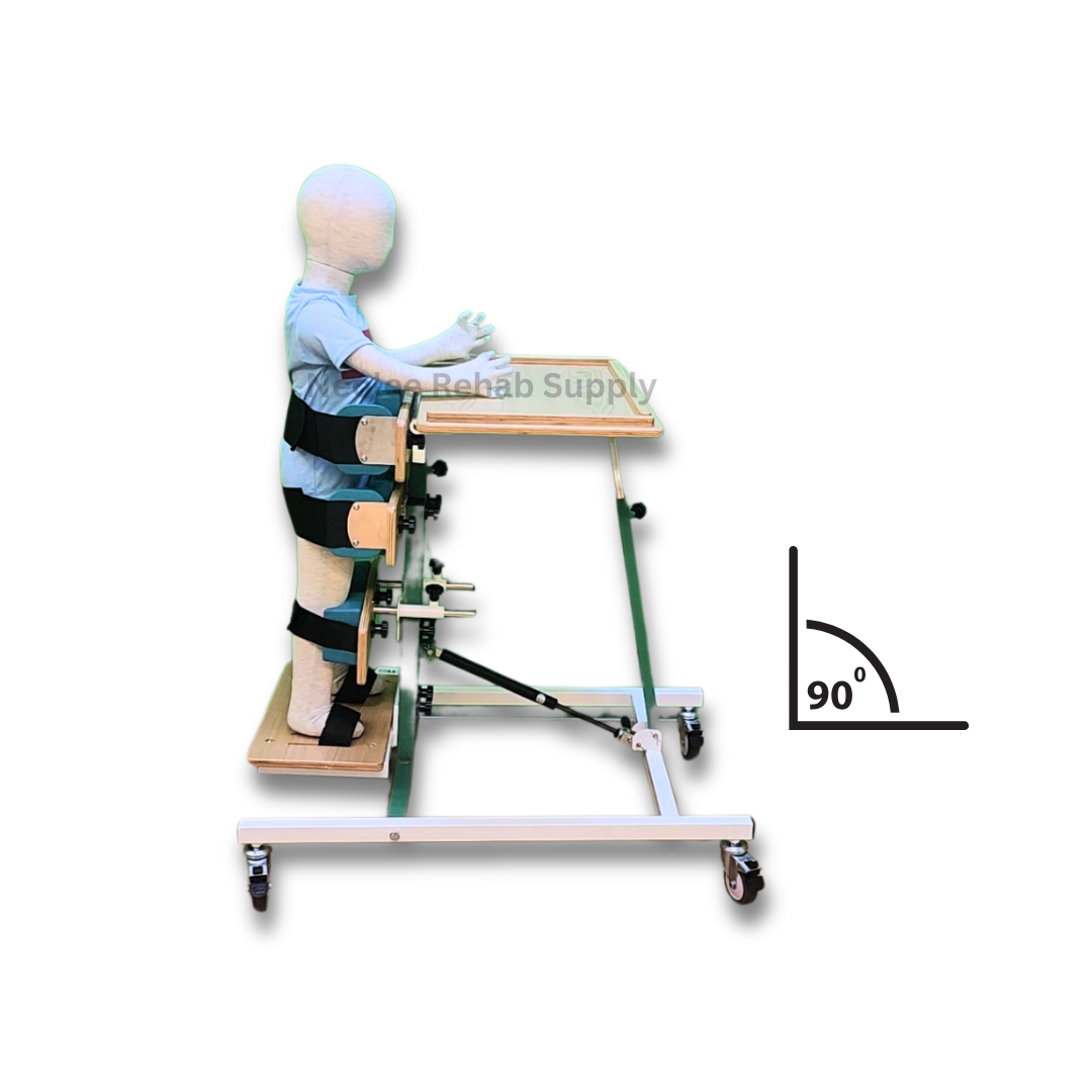 Child positioned upright in the Joyride Prone Standing Frame at a 90 degree standing angle, demonstrating full vertical posture support for therapy and weight-bearing activities.