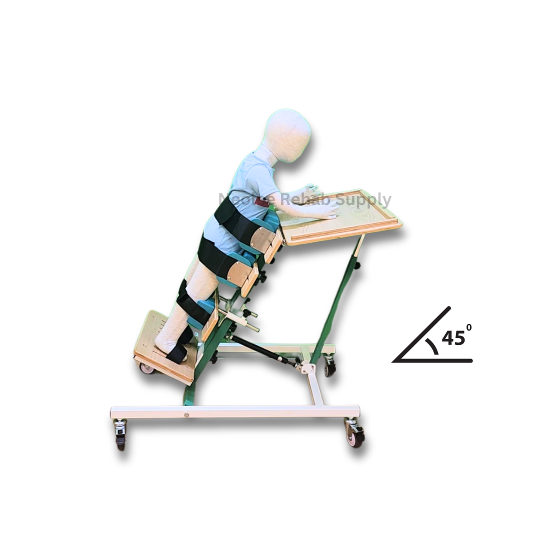 Child using the Joyride Prone Standing Frame at a 45 degree tilted angle, showing adjustable tilt positioning for gradual standing therapy and posture training.