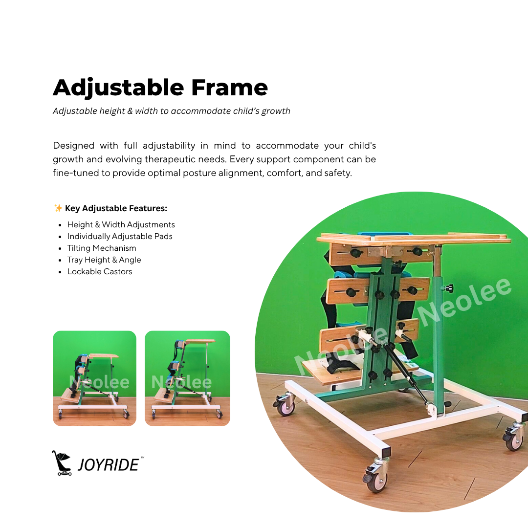 Adjustable frame overview of the Joyride Prone Standing Frame highlighting customizable height, width, tilt angle, and support positioning for pediatric standing therapy needs.