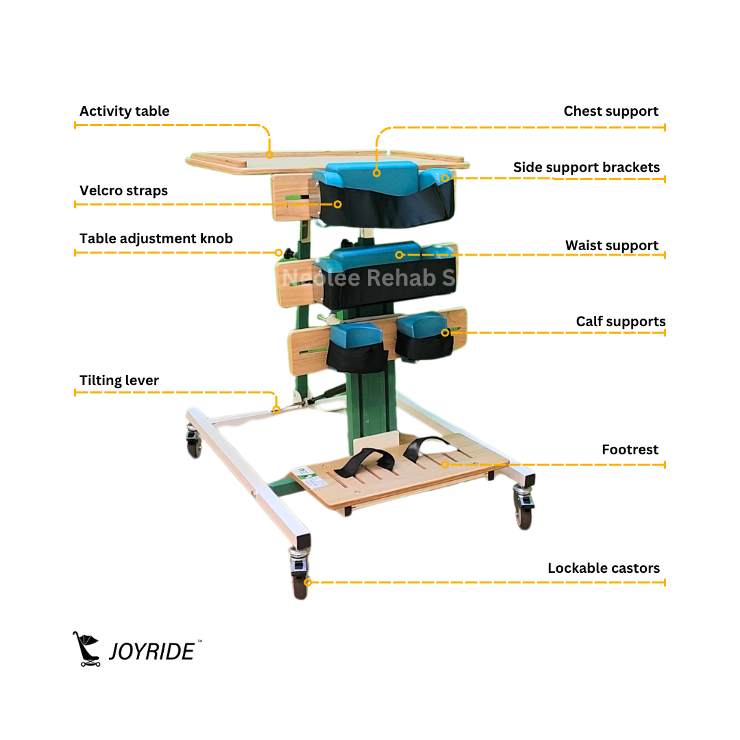 Annotated feature diagram of the Joyride Prone Standing Frame showing activity table, chest support, waist support, calf supports, footrests, tilting lever, and lockable castors.