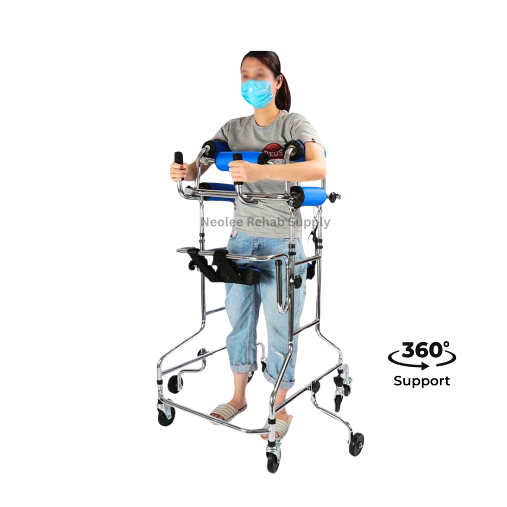 Adult user walking with a hemiplegia rehabilitation walker featuring padded chest support, forearm rests, anti-rollover castors, and 360-degree support for gait rehabilitation and balance training.