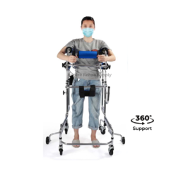 Front view of an adult using a hemiplegia rehabilitation walker with adjustable chest support, ergonomic handles, and stable wheeled frame for assisted mobility and posture support.