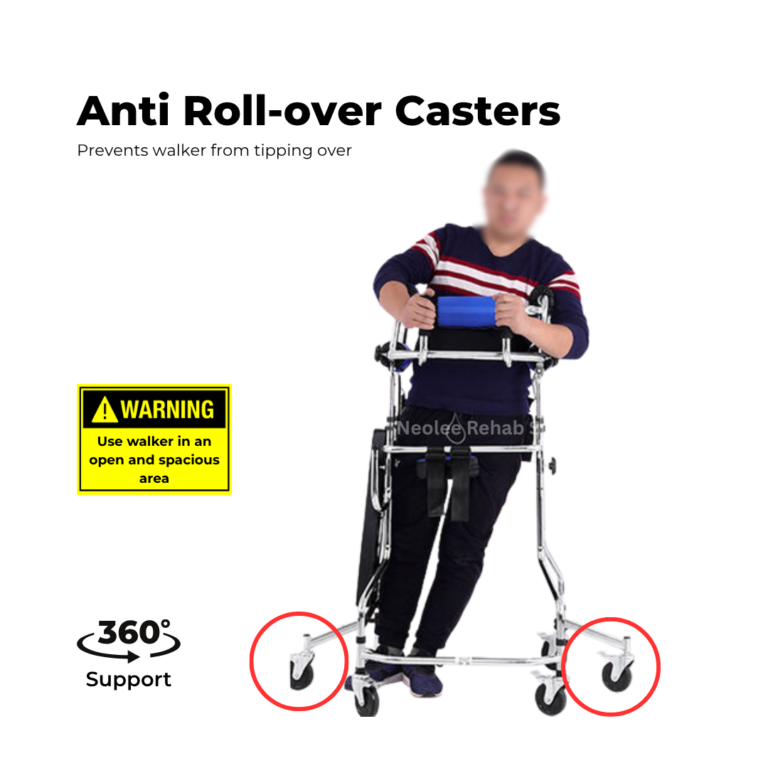 Adult user demonstrating the anti-rollover castor feature of the hemiplegia rehabilitation walker, providing 360-degree support and enhanced stability to prevent tipping during gait training and assisted mobility.