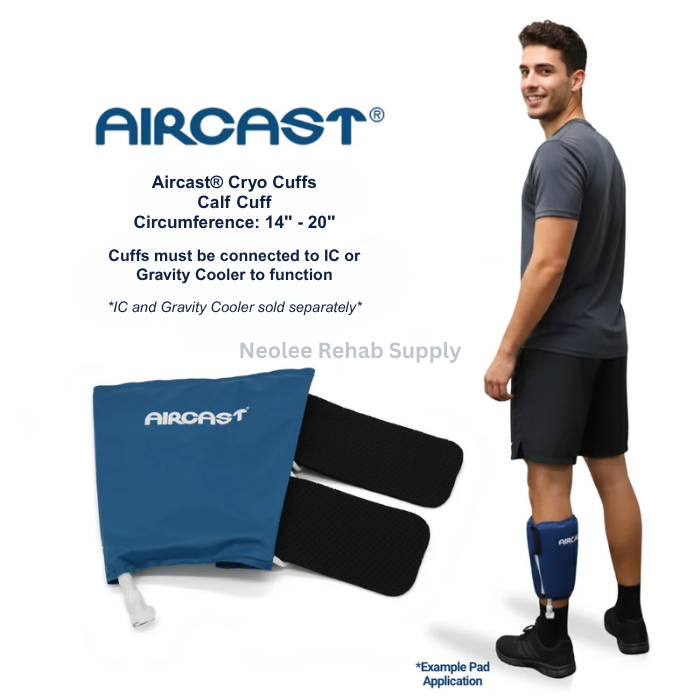 Male user wearing Aircast thigh cryo cuff system for recovery from sports injuries, muscle strain, and post-surgical rehabilitation.