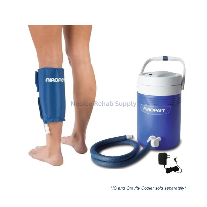 Aircast calf cryo cuff connected to cold therapy cooler system for effective lower leg rehabilitation and injury recovery.