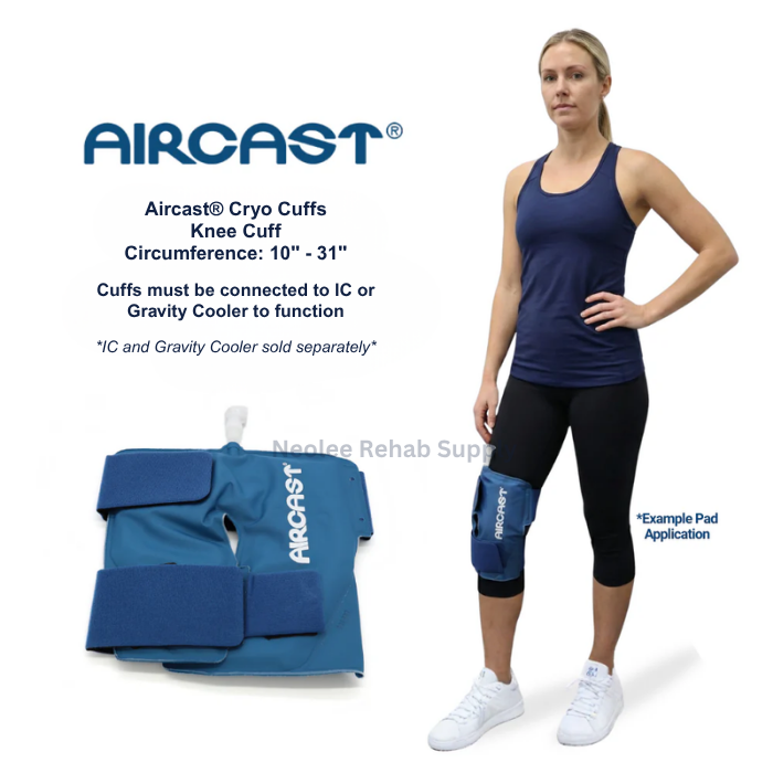 Aircast knee cryo cuff with adjustable wrap providing targeted cold compression therapy for knee pain, swelling, and post-operative recovery.