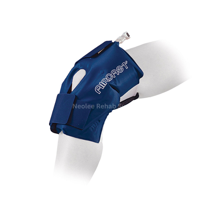 Aircast knee cryo cuff securely wrapped around the knee joint delivering therapeutic cold compression support during recovery.