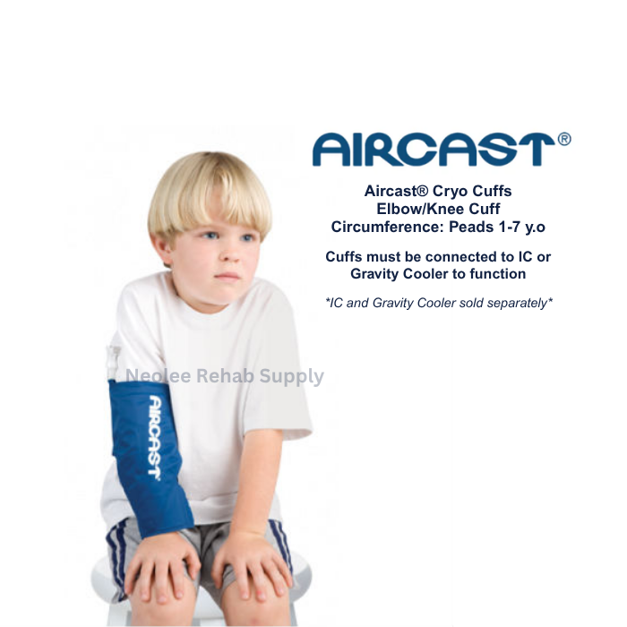 Child wearing Aircast pediatric elbow cryo cuff providing cold compression therapy for elbow injury recovery and post-surgical rehabilitation.
