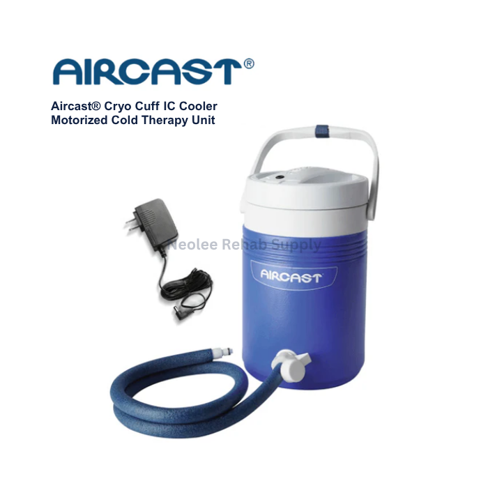 Aircast Motorized IC cooler with connecting hose for delivering controlled cold therapy and compression automatically during rehabilitation recovery.