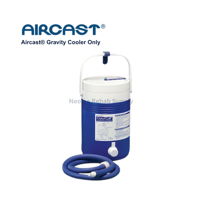 Aircast gravity cooler unit with hose designed to provide continuous cold therapy circulation for Cryo Cuff rehabilitation and recovery treatment.