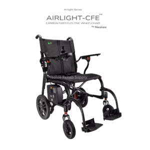 Front angled view of the Airlight-CFE Carbon Fiber Electric Wheelchair featuring an ultra lightweight carbon fiber frame, joystick controller, padded seat, and compact foldable powered mobility design.