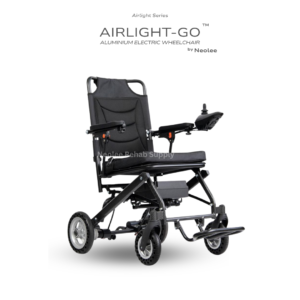 Front angled view of the Airlight-GO Aluminium Electric Wheelchair featuring a lightweight foldable aluminium frame, joystick controller, padded seat, and compact powered mobility design.