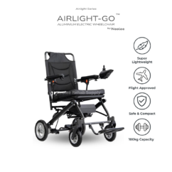 Airlight-GO Aluminium Electric Wheelchair with highlighted features including super lightweight construction, flight-approved design, compact folding capability, and 100 kg weight capacity.