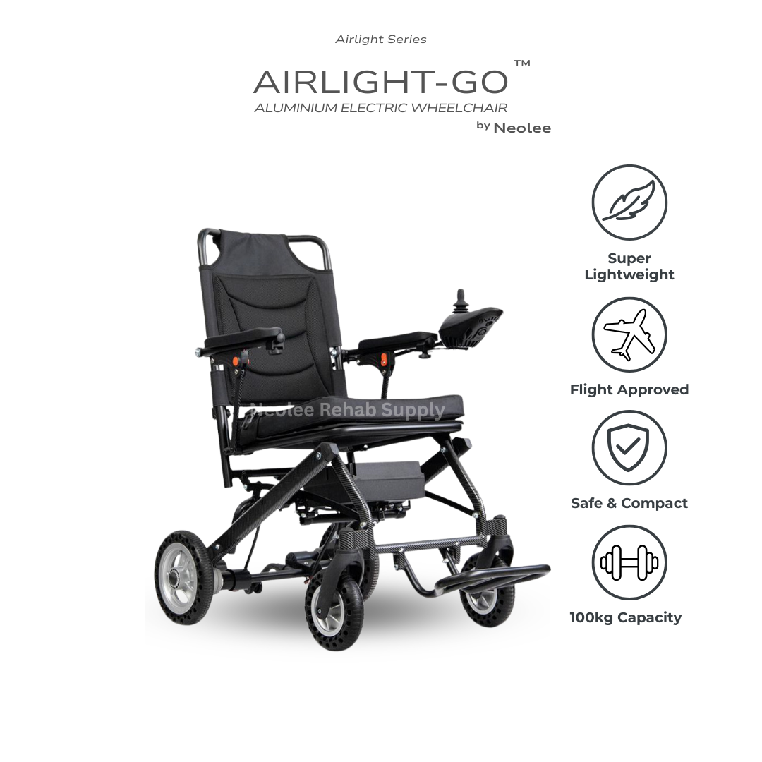 Airlight-GO Aluminium Electric Wheelchair with highlighted features including super lightweight construction, flight-approved design, compact folding capability, and 100 kg weight capacity.