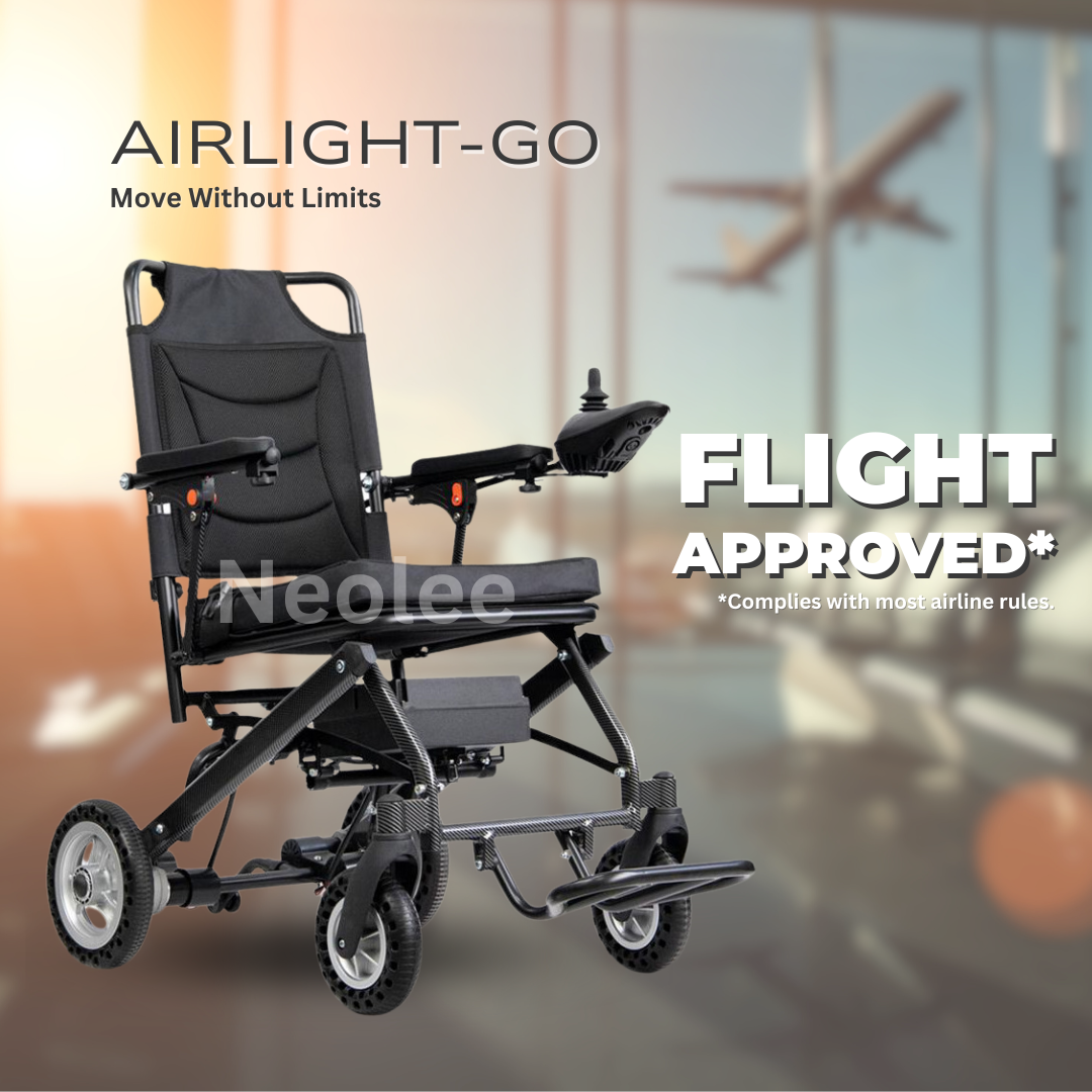 Airlight-GO Aluminium Electric Wheelchair promotional image highlighting flight-approved travel capability and compact portable electric wheelchair design.