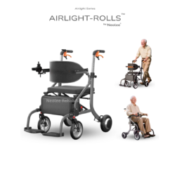 Airlight-Rolls 2-in-1 rollator wheelchair displayed in both walking aid and seated wheelchair configurations, featuring a compact foldable frame, padded seat, and mobility support for elderly users.