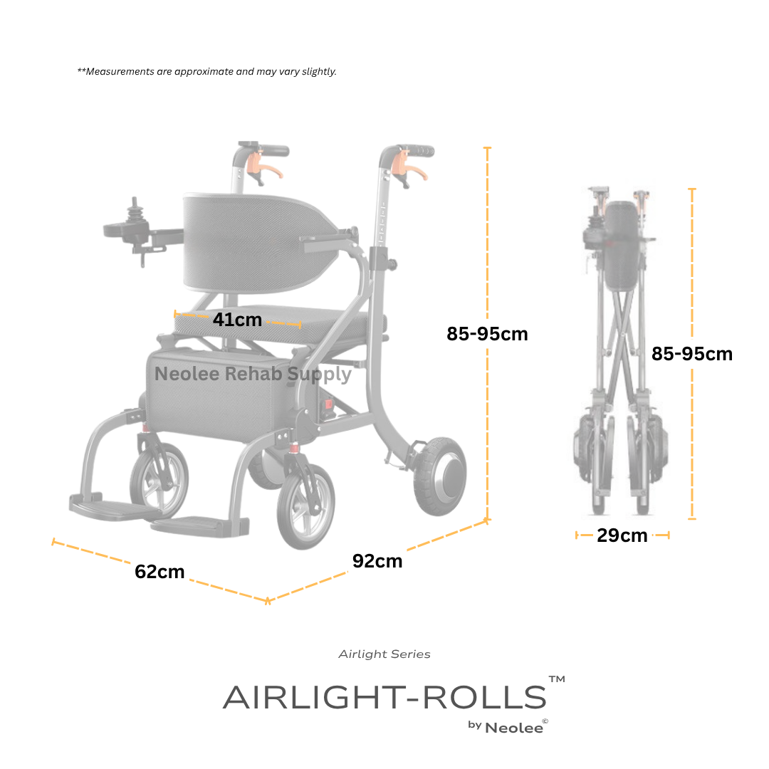 Dimension guide for the Airlight-Rolls 2-in-1 rollator wheelchair showing overall size, folded width, adjustable handle height range, and compact storage dimensions.
