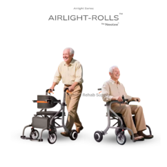 Elderly users demonstrating the Airlight-Rolls 2-in-1 rollator wheelchair in independent walking mode and assisted wheelchair mode for flexible daily mobility support.