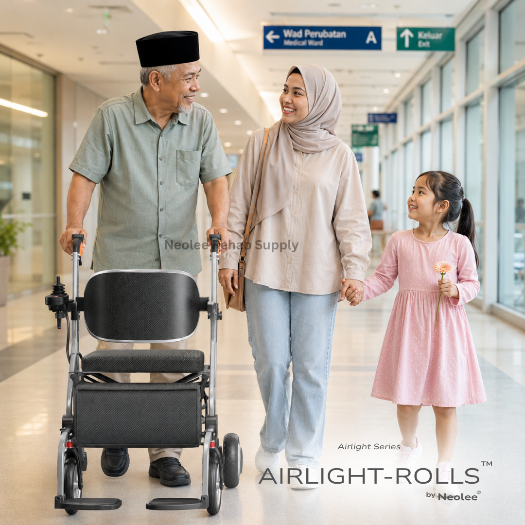 Elderly man using the Airlight-Rolls 2-in-1 rollator wheelchair while walking with family members in a hospital corridor, showcasing stable mobility and family-assisted support.