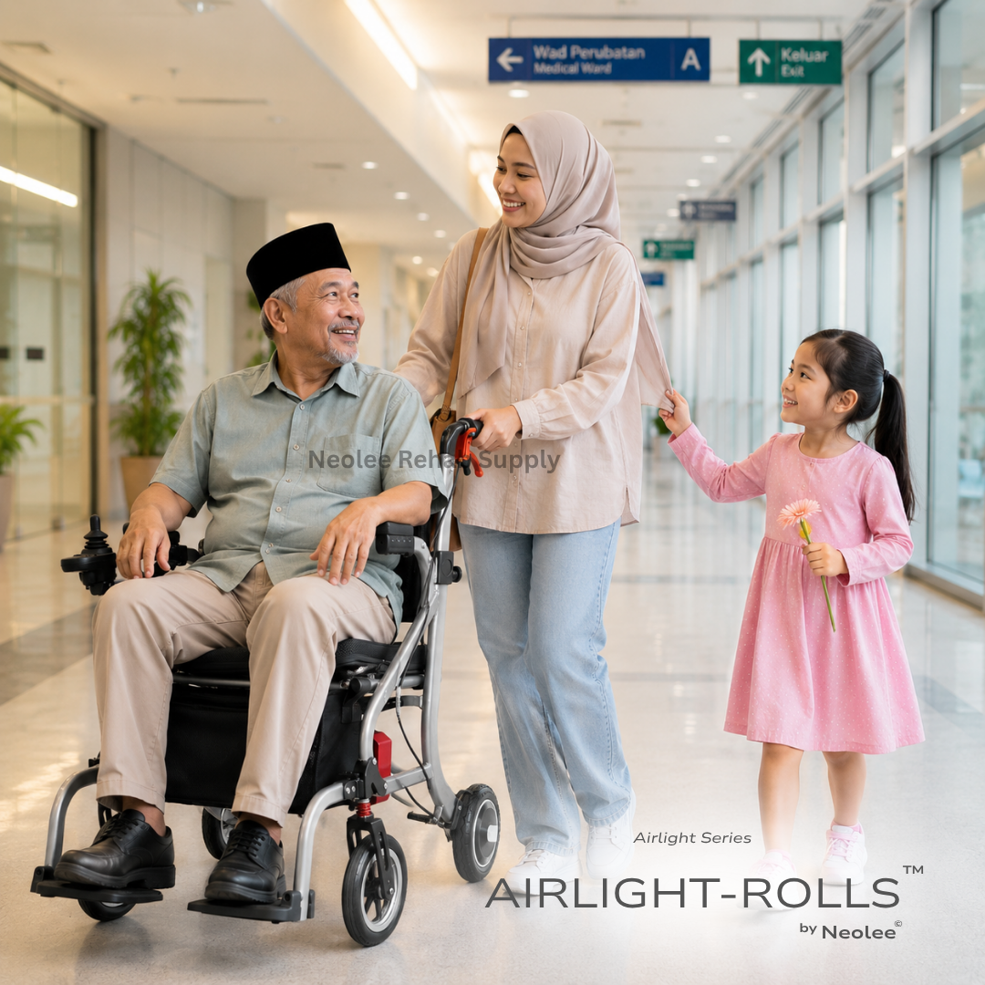 Elderly man seated in the Airlight-Rolls 2-in-1 rollator wheelchair while being pushed by a caregiver in a hospital environment, demonstrating assisted wheelchair functionality.