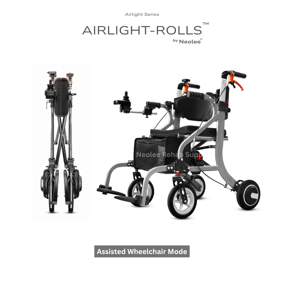 Airlight-Rolls 2-in-1 mobility aid shown in assisted wheelchair mode with foldable compact frame, padded backrest, storage basket, and caregiver push handles.