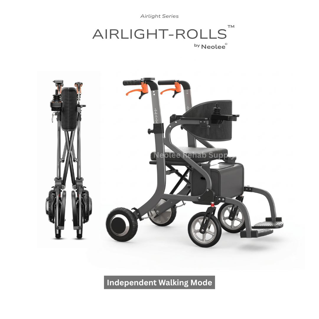 Airlight-Rolls 2-in-1 mobility aid displayed in independent walking mode featuring ergonomic handles, stable rollator frame, padded seat, and compact folding design.