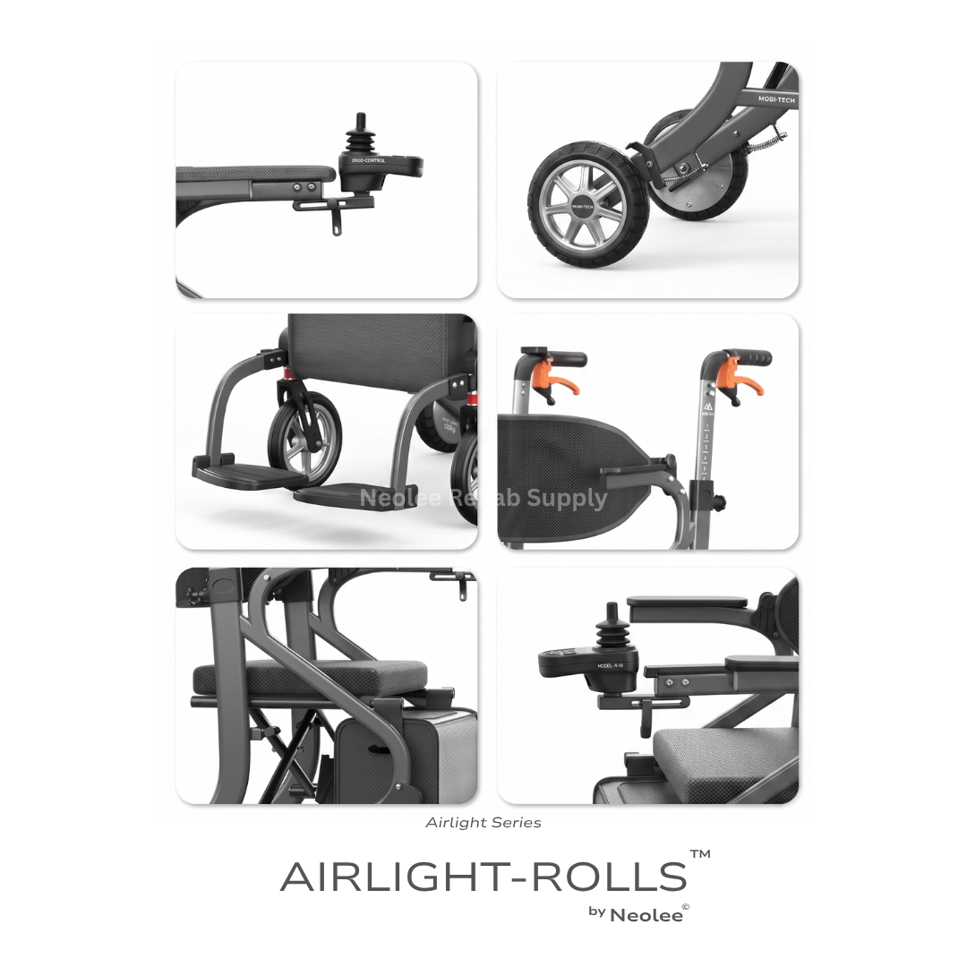 Close-up feature collage of the Airlight-Rolls 2-in-1 rollator wheelchair showing foldable frame components, rear wheels, padded seating, and ergonomic mobility support details.