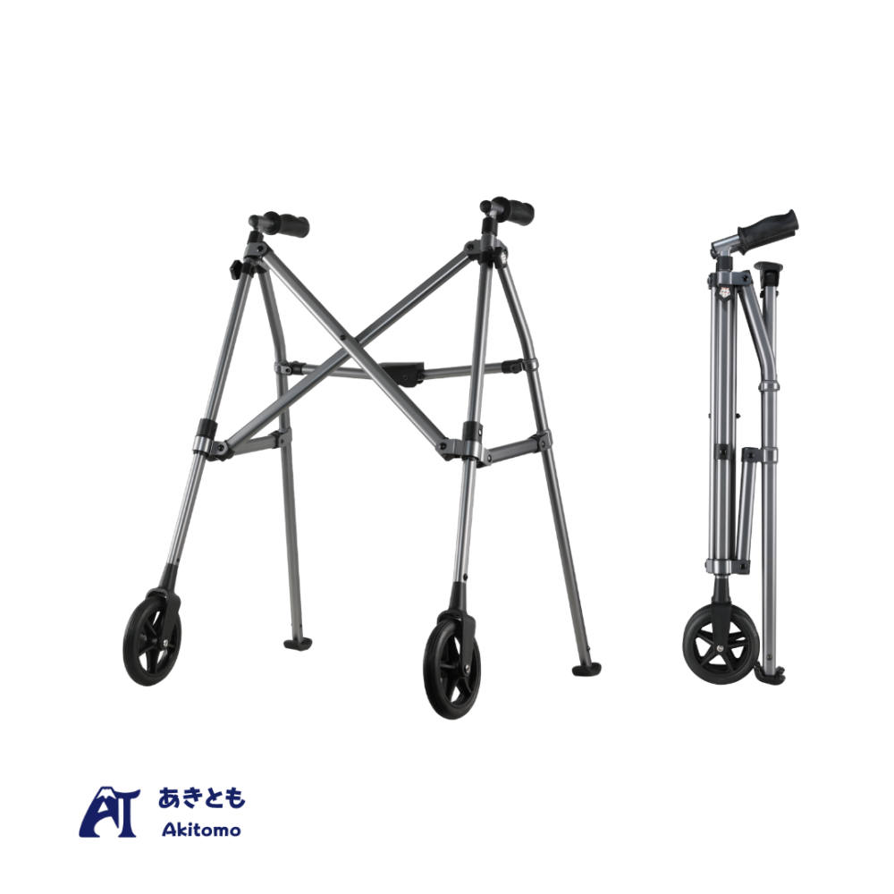 AkiWalké compact folding walker displayed in open and folded positions, featuring lightweight aluminium construction, ergonomic handles, and compact portability for everyday mobility support.