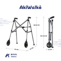 Dimension guide for the AkiWalké compact walker showing adjustable handle height range, overall frame width, depth, and slim folded storage dimensions.