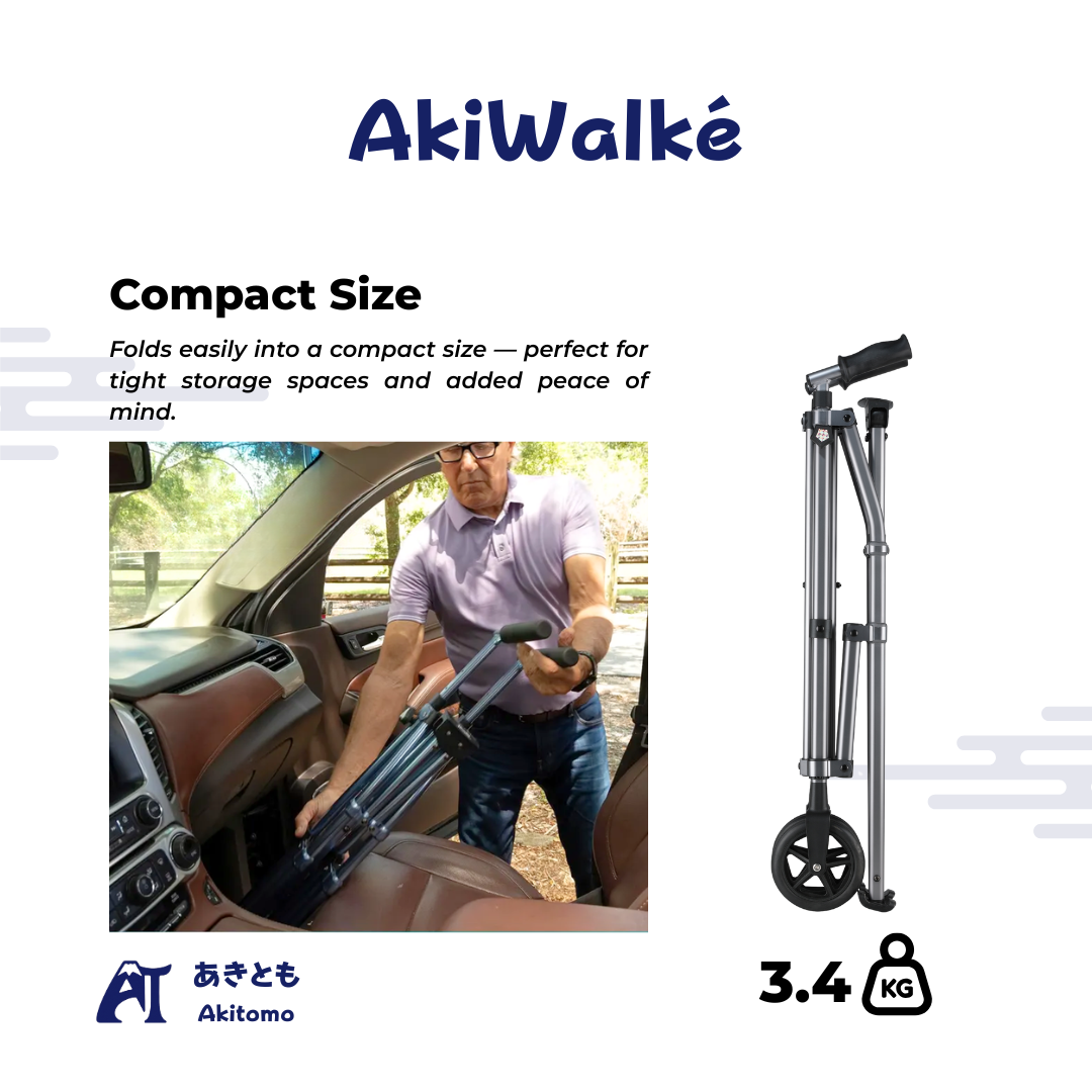 AkiWalké compact folding walker being stored into a car trunk, highlighting lightweight 3.4kg construction and compact foldable design for travel and transport convenience.
