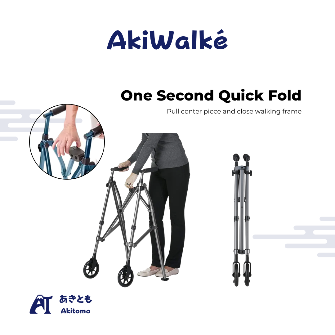 AkiWalké compact walker featuring one-second quick fold functionality for fast and convenient storage using a simple pull-and-fold mechanism.