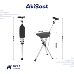 Dimension guide for the AkiSeat foldable cane stool showing overall height, seat height, and compact seat dimensions for portable walking and seating assistance.