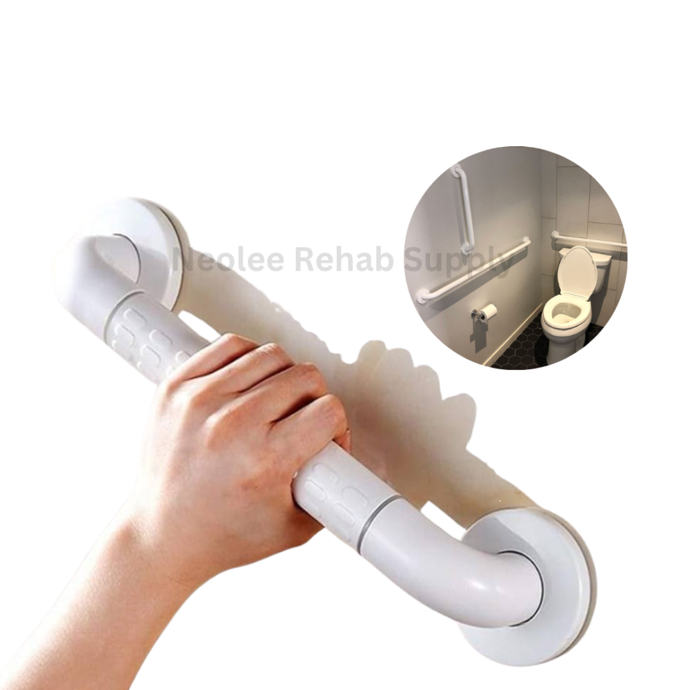 White bathroom safety grab bar with ergonomic anti-slip grip, shown installed beside a toilet wall to provide stable support and fall prevention assistance for elderly and mobility users.