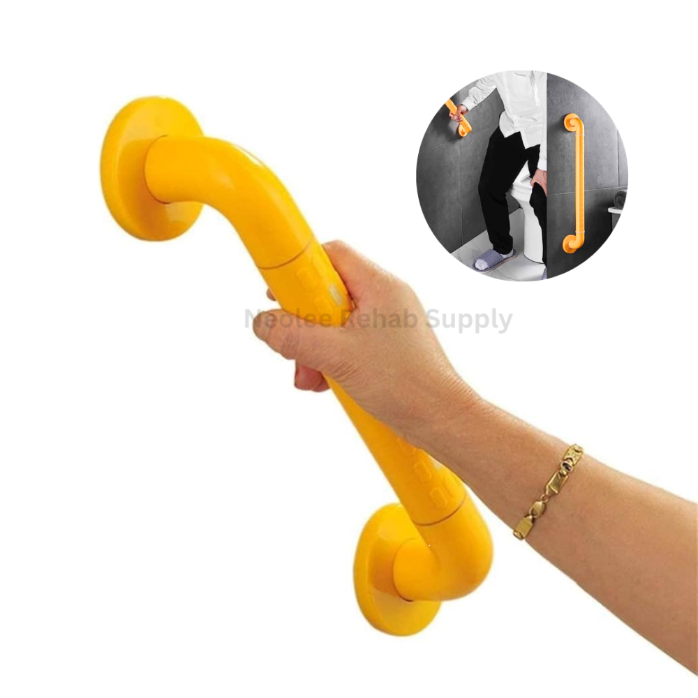 Yellow bathroom safety grab bar with ergonomic curved design and anti-slip surface, shown being held for secure support in bathrooms, toilets, and shower areas.