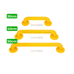 Yellow bathroom safety grab bars available in 30cm, 40cm, and 50cm sizes with anti-slip textured grip and screw-mounted installation hardware for secure bathroom support and fall prevention assistance.