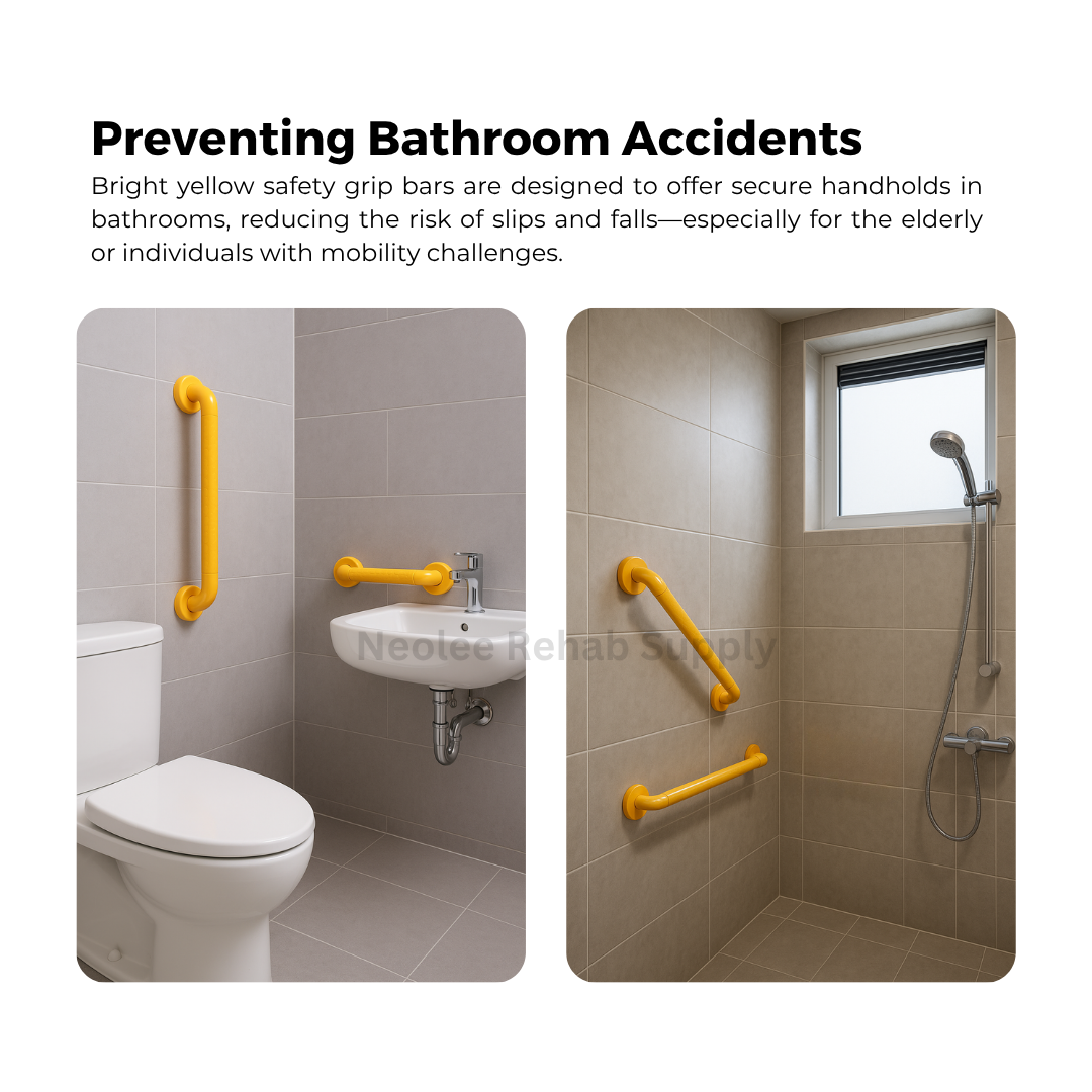Bathroom safety grab bars installed beside toilet and shower areas to help prevent slips and falls, providing stable hand support for elderly users and individuals with mobility challenges.