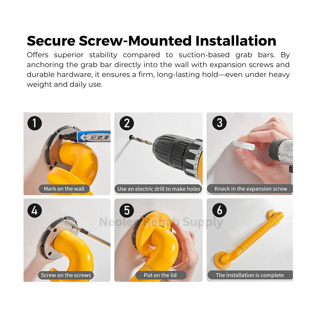 Step-by-step installation guide for screw-mounted bathroom safety grab bars, demonstrating secure wall mounting process for long-lasting bathroom safety support.
