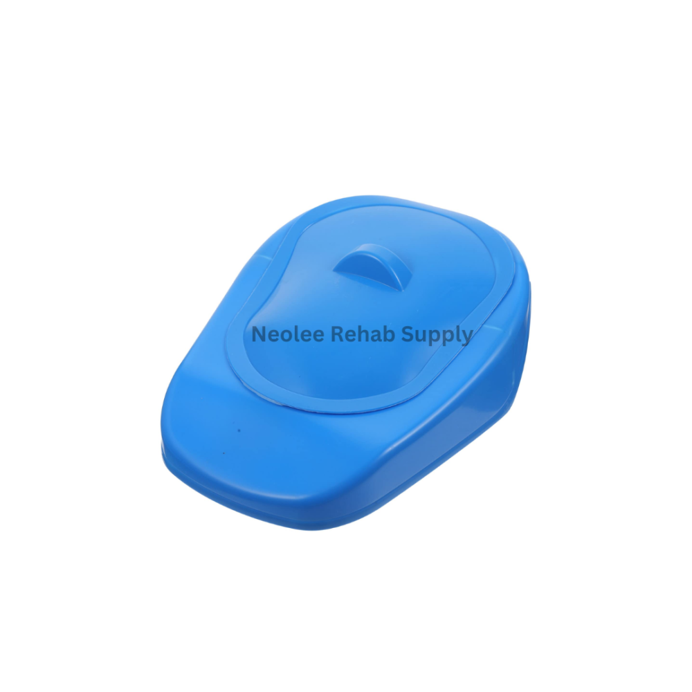 Blue plastic bedpan designed for bedridden patients, featuring a smooth ergonomic shape for comfortable bedside toileting and easy cleaning.