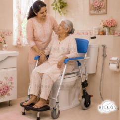 Beluga Shower Commode Chair (11) Elderly woman seated on Beluga commode chair by Neolee in a bathroom setting with caregiver support for safe toileting and shower assistance.