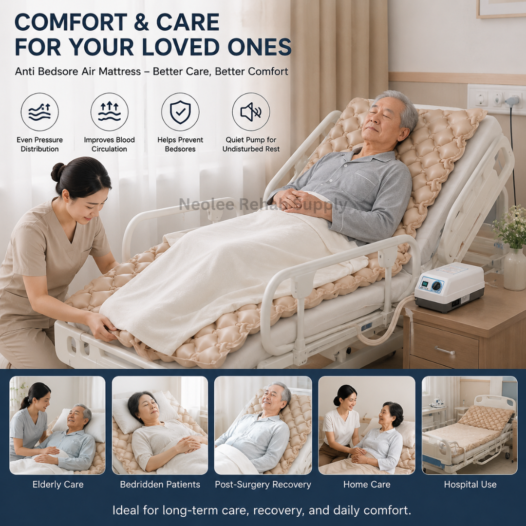 Elderly patient resting on the bubble anti bedsore ripple air mattress while a caregiver assists beside the bed, demonstrating comfort, pressure relief, and home care support.