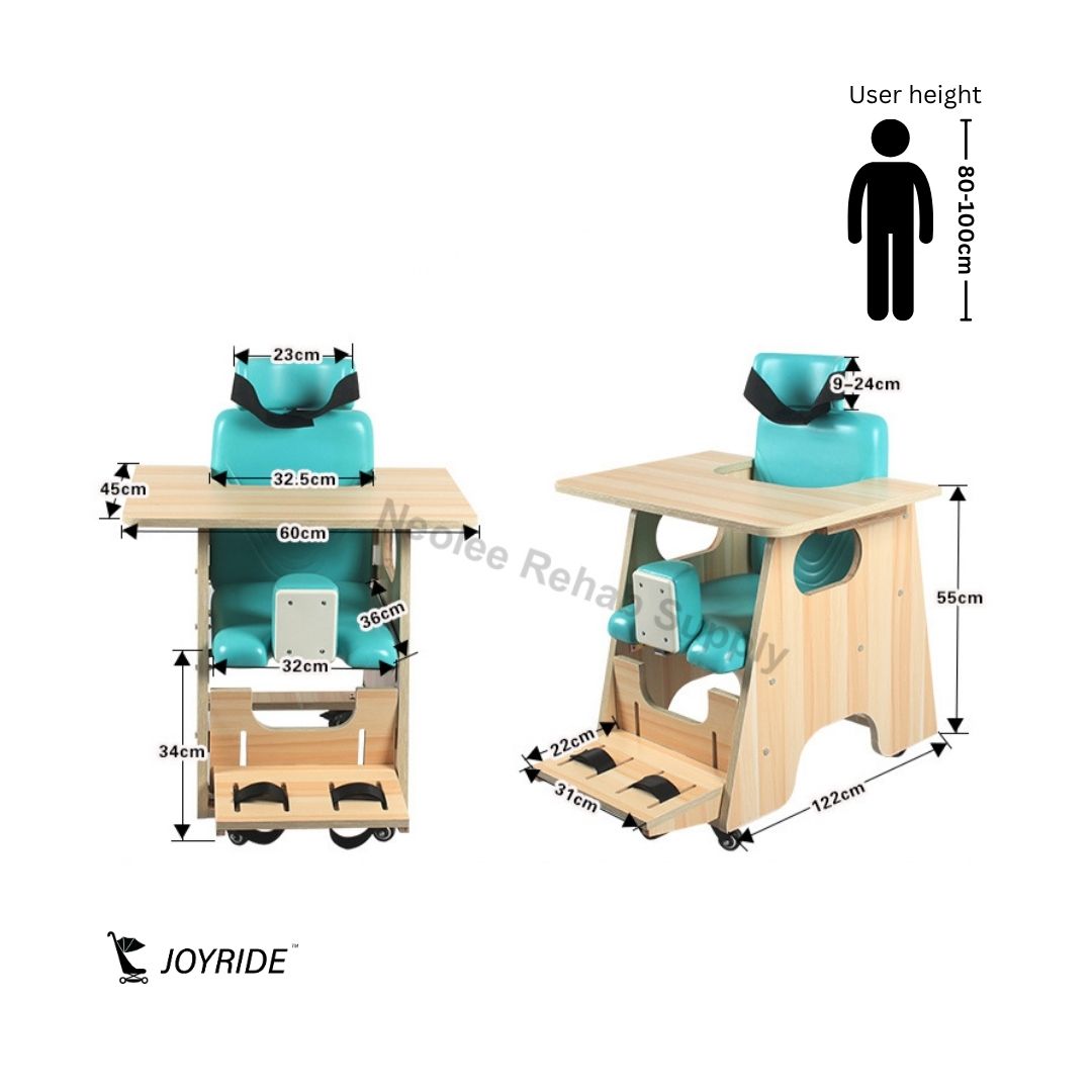 Dimensions and size specifications of the JOYRIDE CP child chair frame for children between 80–100 cm in height.