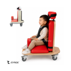 Side view of Joyride corner chair for kids featuring ergonomic posture support, padded seating system, adjustable headrest, and mobility casters.