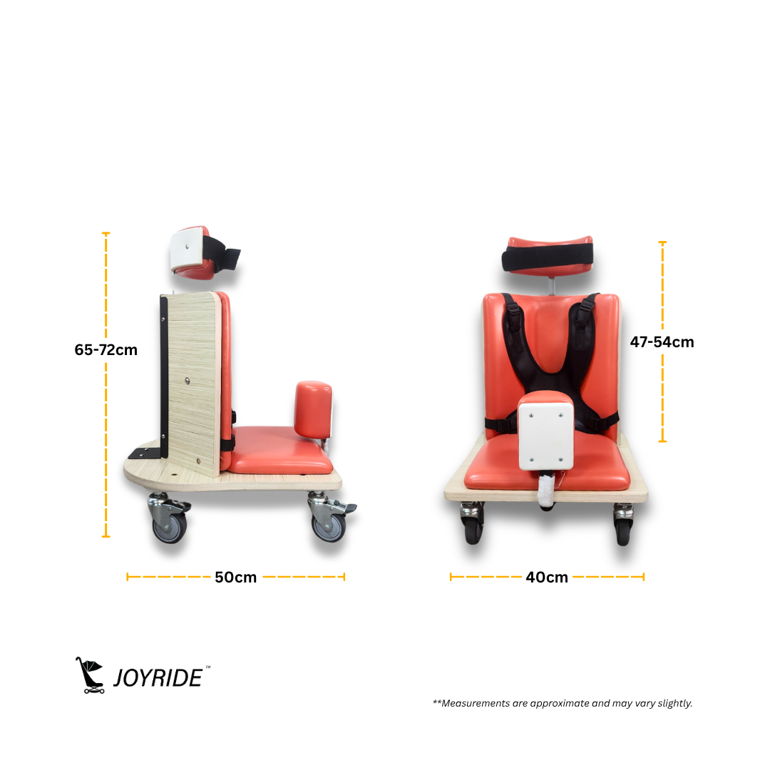 Dimension chart for Joyride pediatric corner chair showing overall seat height, width, depth, and adjustable posture support measurements for therapy and classroom use.