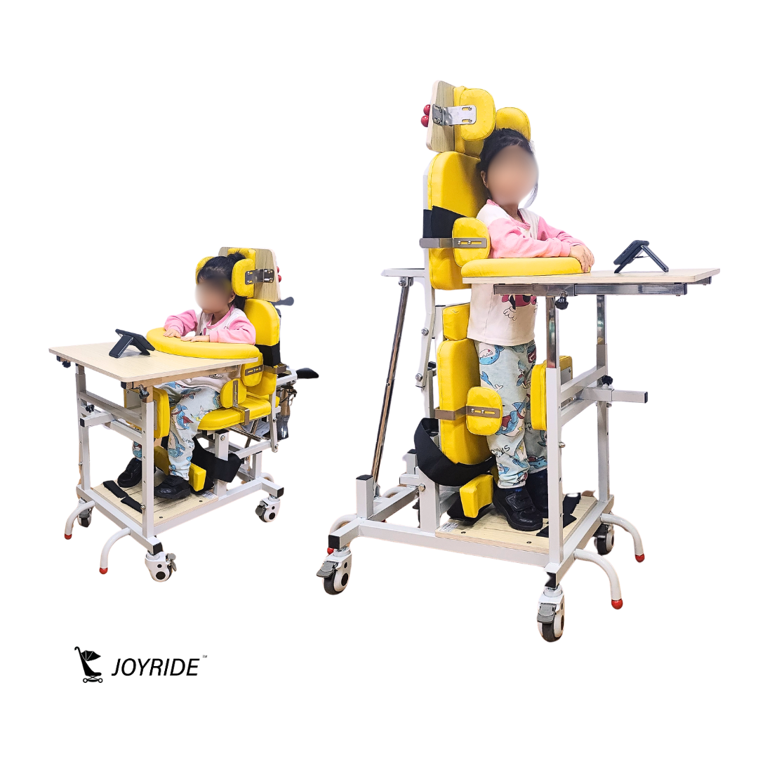 Joyride sit-to-stand frame for kids by Neolee helping children transition safely from sitting to standing with supportive padded cushions and therapy table.