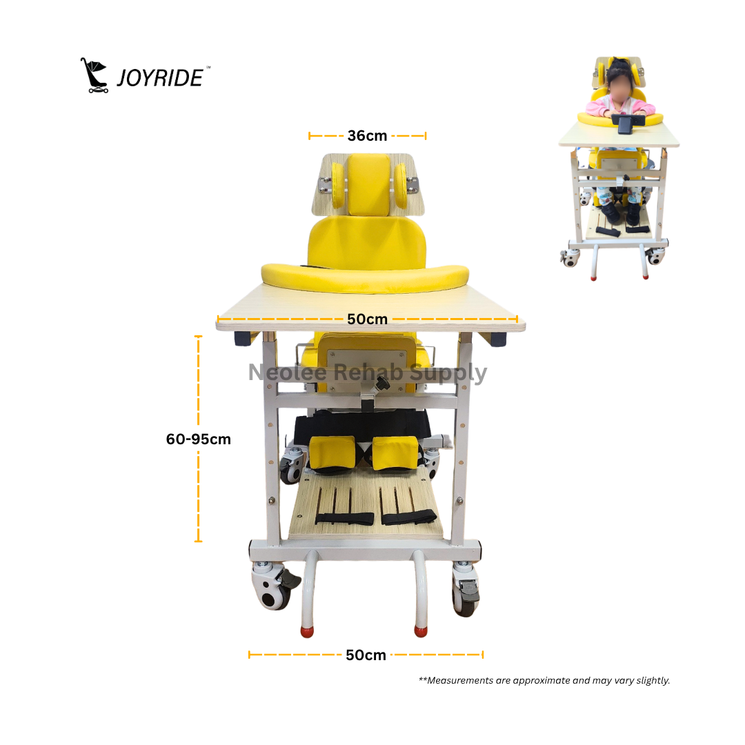 Front measurement view of Joyride sit-to-stand frame for children featuring adjustable therapy table, supportive seating system, and lockable caster wheels for rehabilitation support.